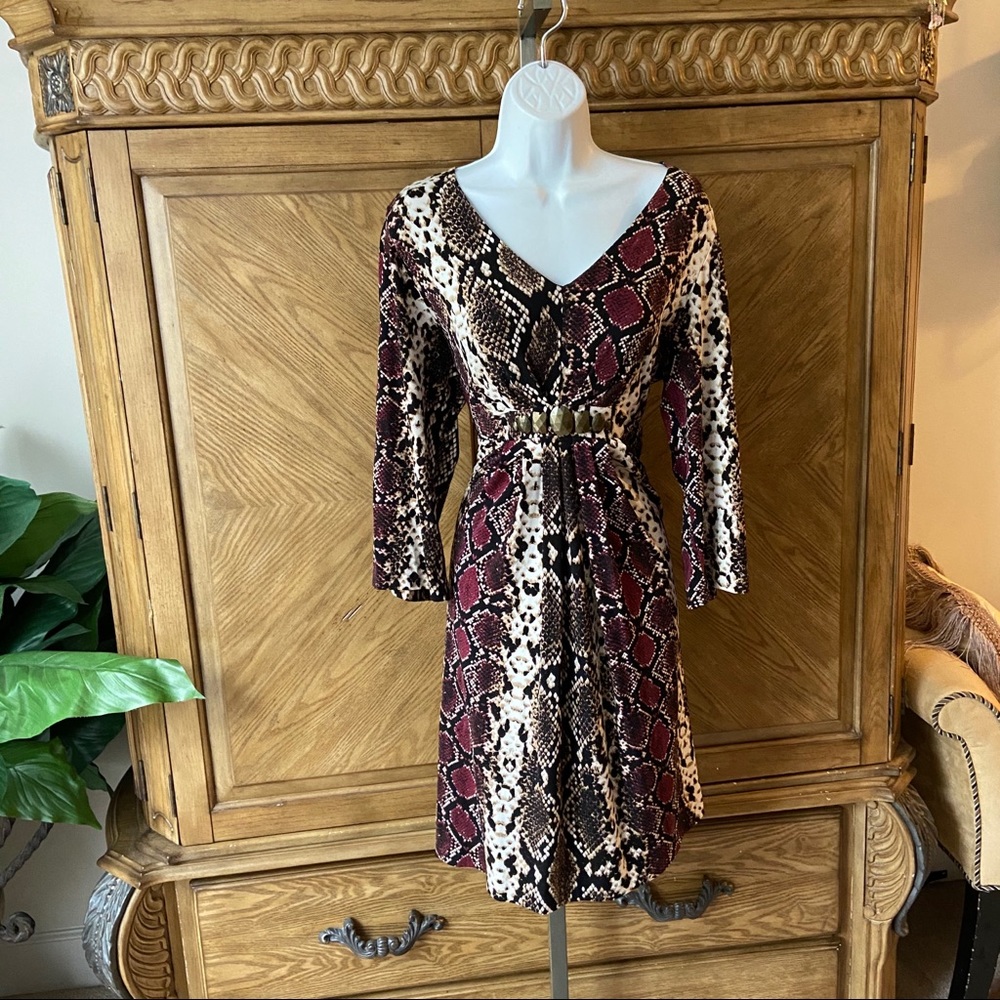 Calvin Klein Burgundy Black Cream Snake-Print Midi Dress